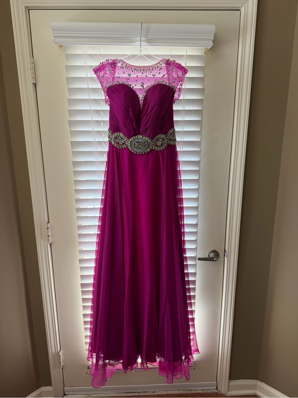 Rachel Allan Magenta Beaded Waist Prom Gown